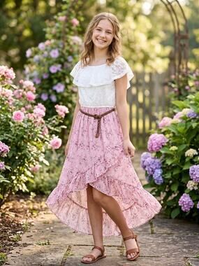 NEW! Knit Works Pink Floral Midi Dress For Girls Size 7